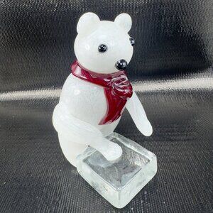 Vintage Art Glass White Polar Bear with Red Scarf Paperweight Figurine Decor